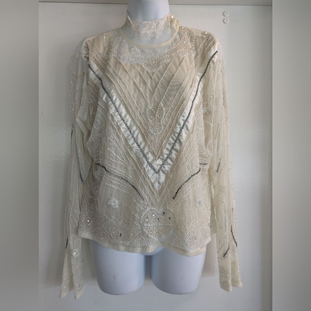 Vintage Papillon Cream Lace Beaded Sequin Blouse Lined Top Party Size XLarge